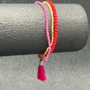 Seed Bead Tassel Bracelet Triple Strand Barbie Pink Red Cream Silver Retro BoHo